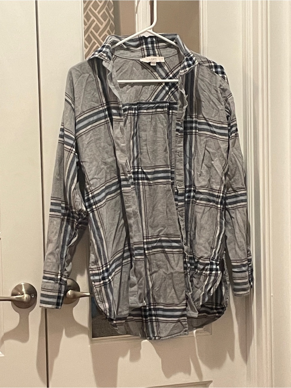 LOFT Gray and Navy Plaid Button-Down Shirt
